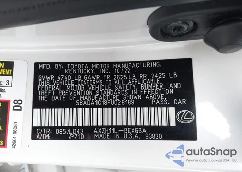 2023 Lexus Es 300H z USA, uszkodzony, nr VIN 58ADA1C18PU028189